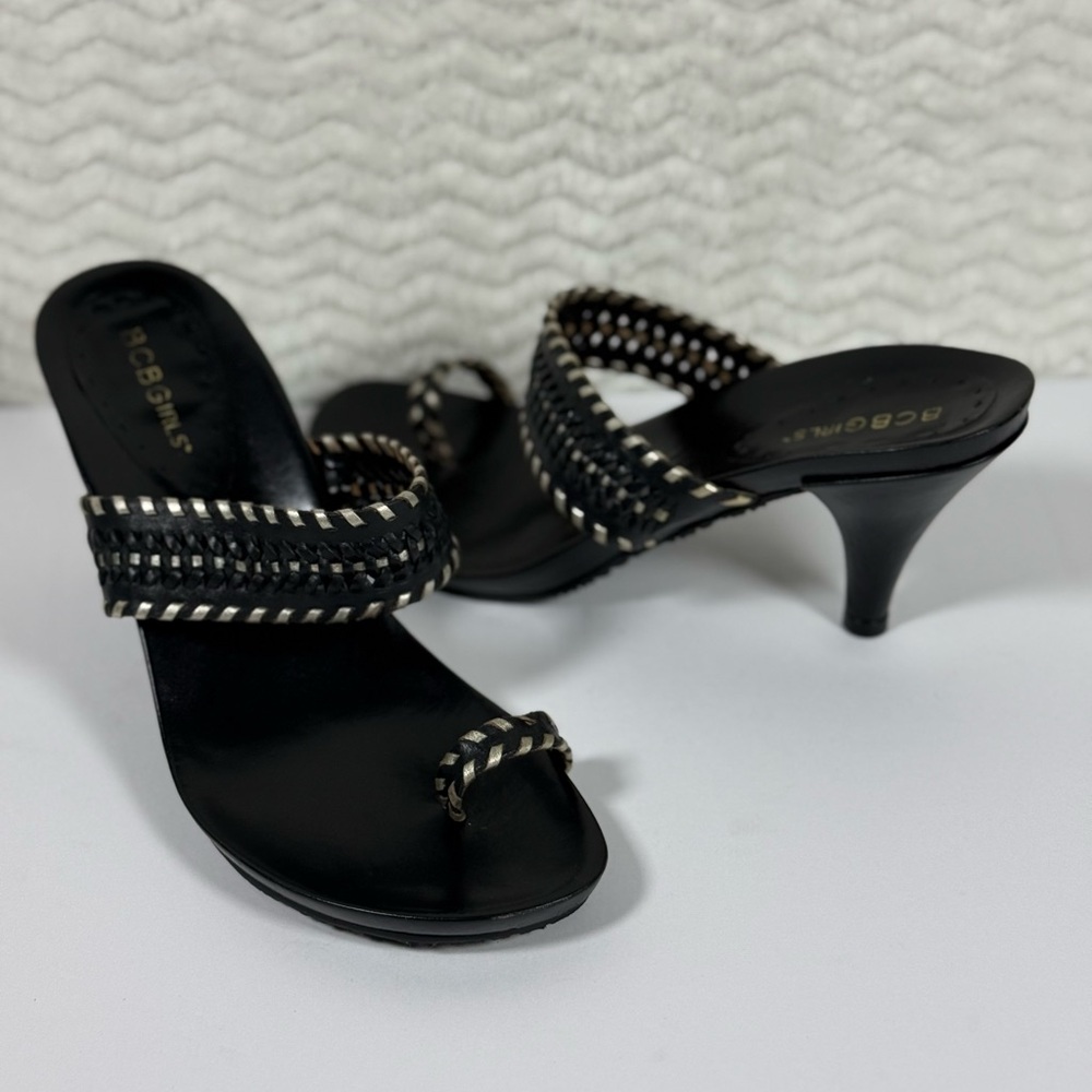 BCBGirls Black Heeled Slide Sandals with Braided Trim